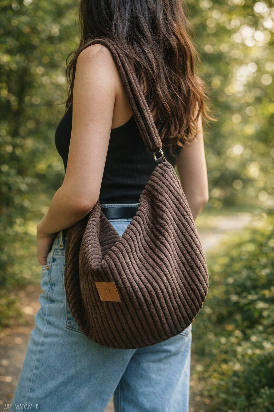 Sztruksowa torba hobo brązowa na ramię - pojemna torebka handmade