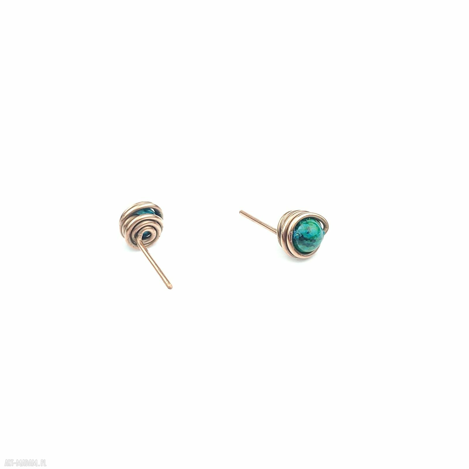 Kolczyki sztyfty z chryzokoli w miedzi - wire wrapping