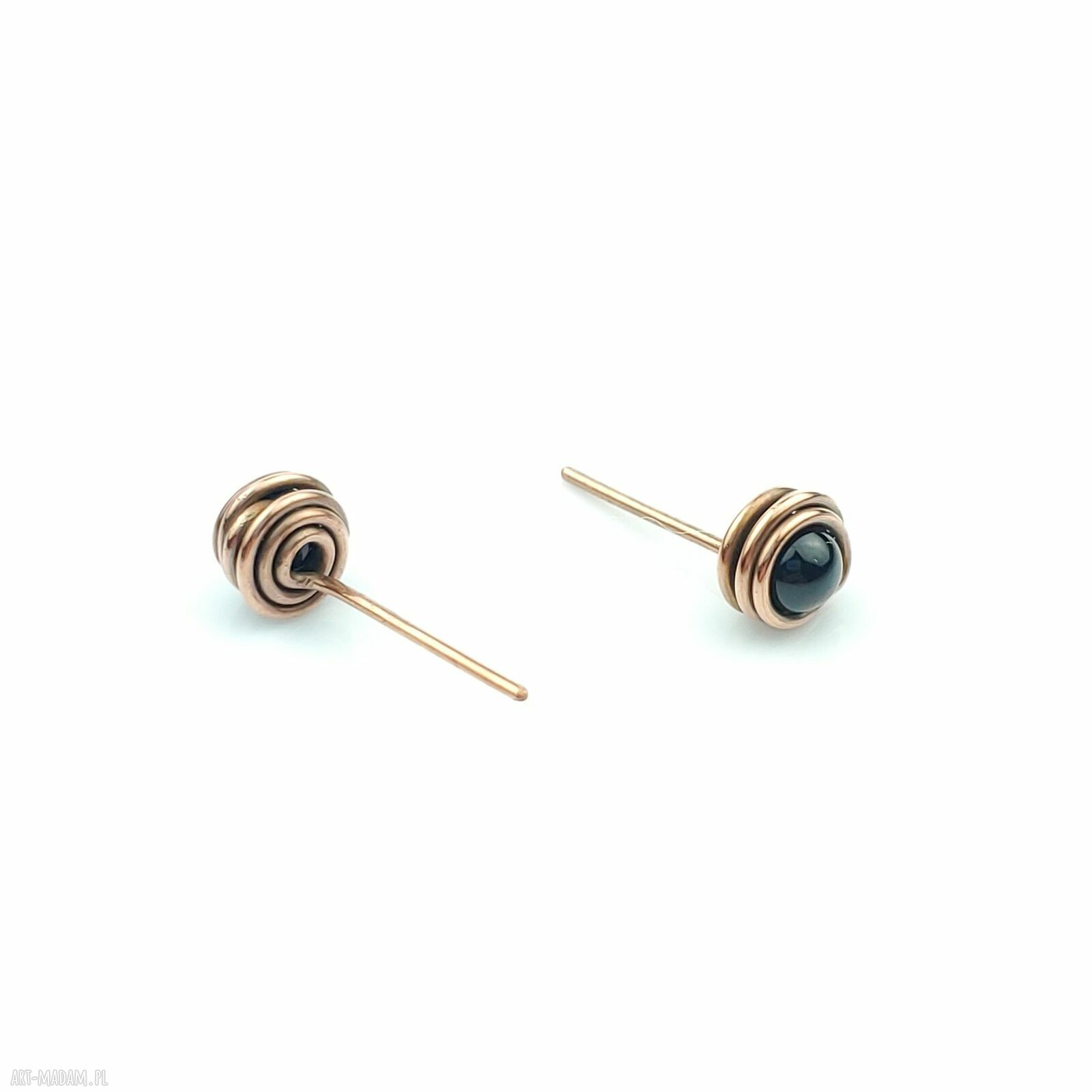 Kolczyki sztyfty z onyksu - miedziane wire wrapping, oksydowane