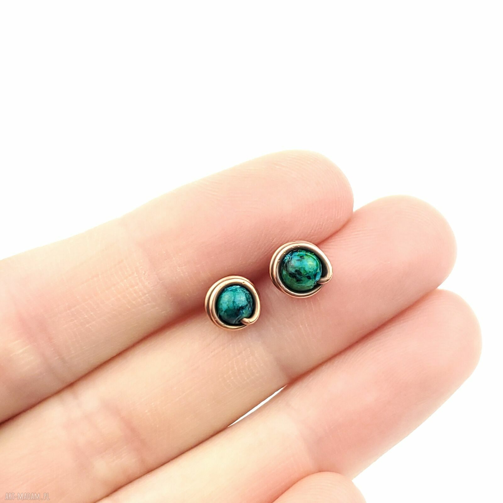 Kolczyki sztyfty z chryzokoli w miedzi - wire wrapping