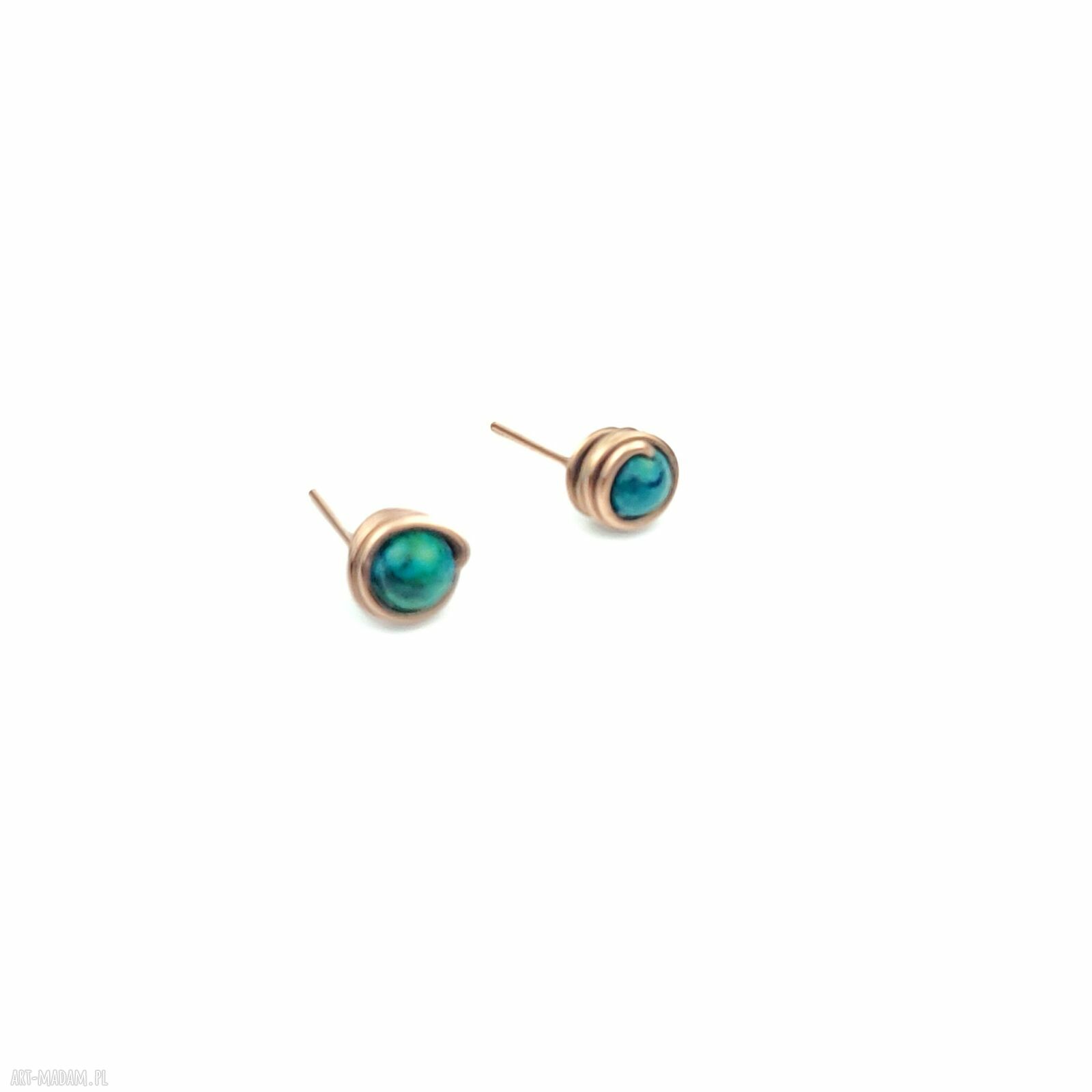 Kolczyki sztyfty z chryzokoli w miedzi - wire wrapping