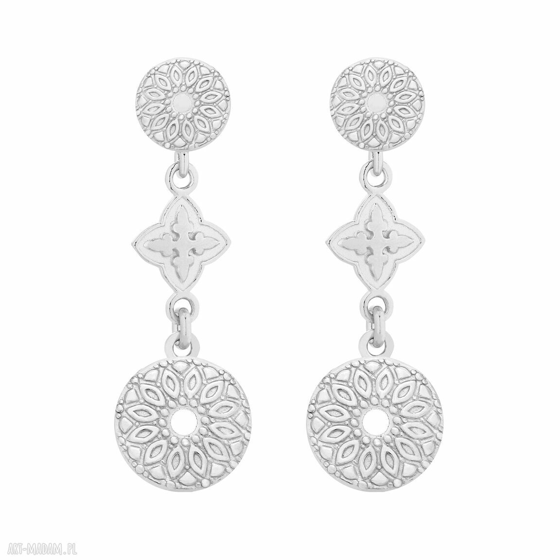 Srebrne kolczyki rozetkami medalionami długie sztyfty rozetki