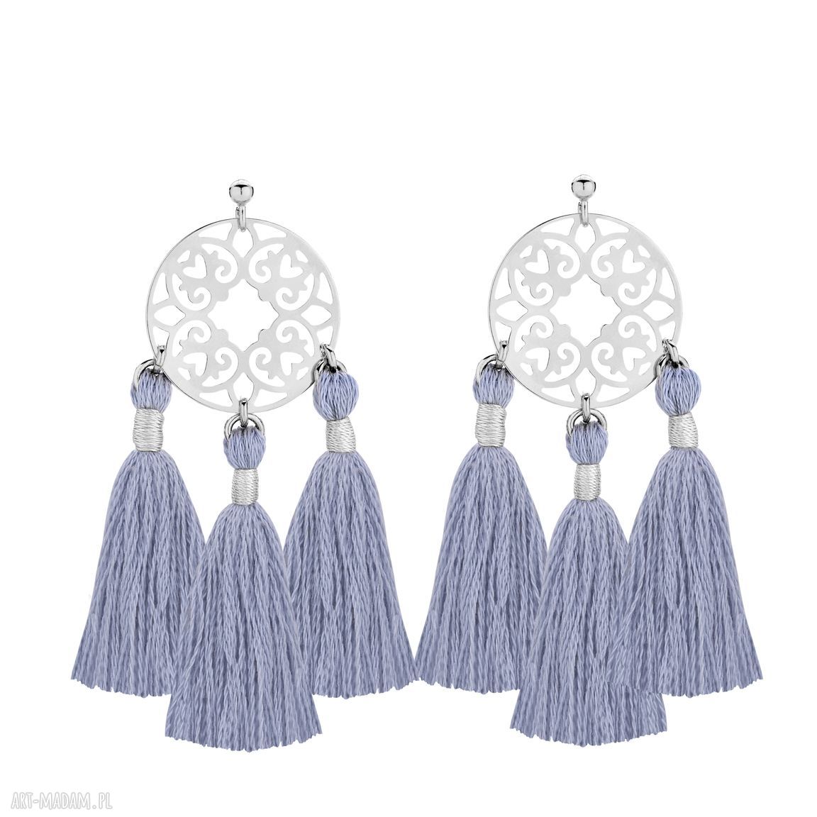 Srebrne kolczyki rozetkami trzema szarymi chwostami sztyfty