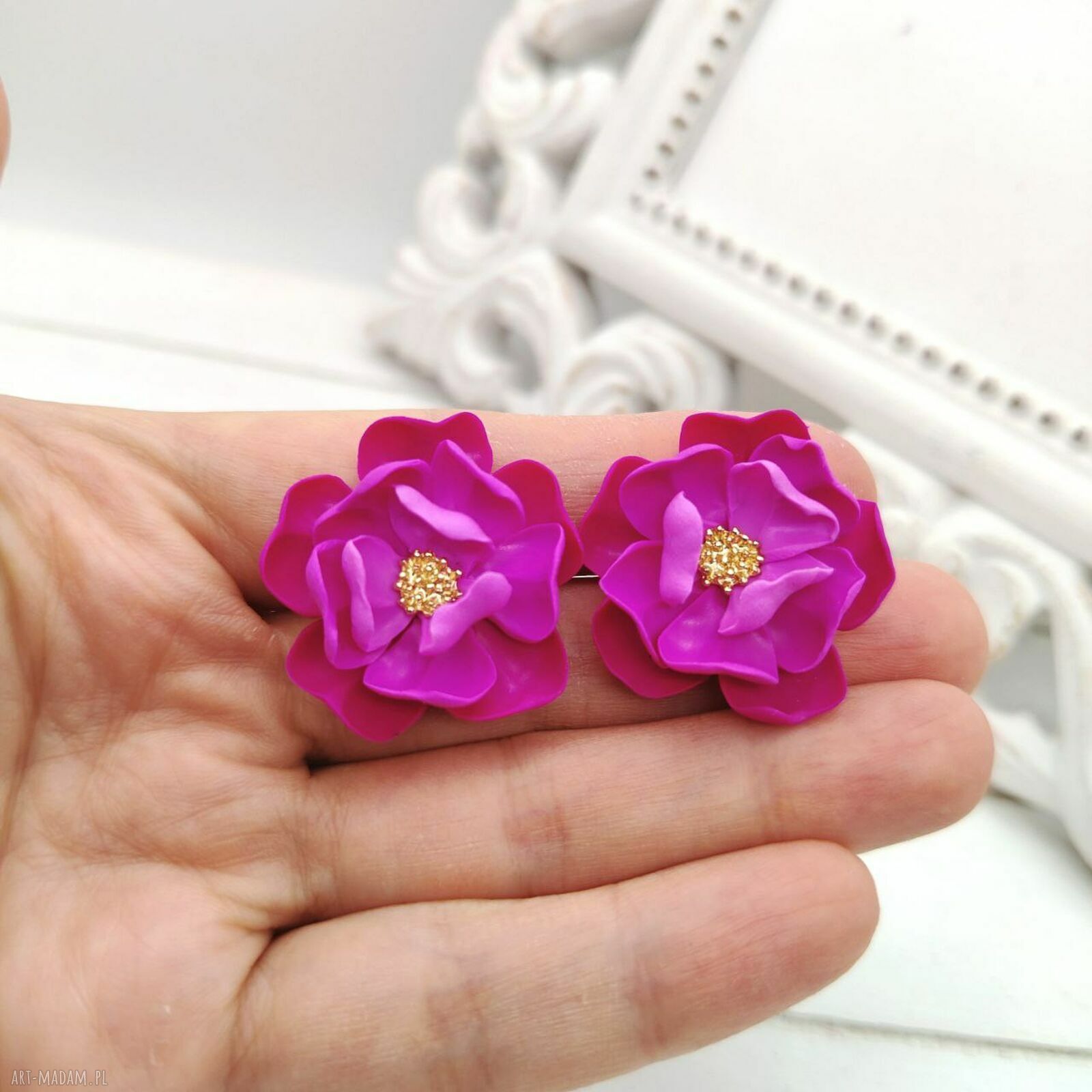 Różowe kolczyki sztyfty z kwiatami handmade - średnica ok. 28 mm