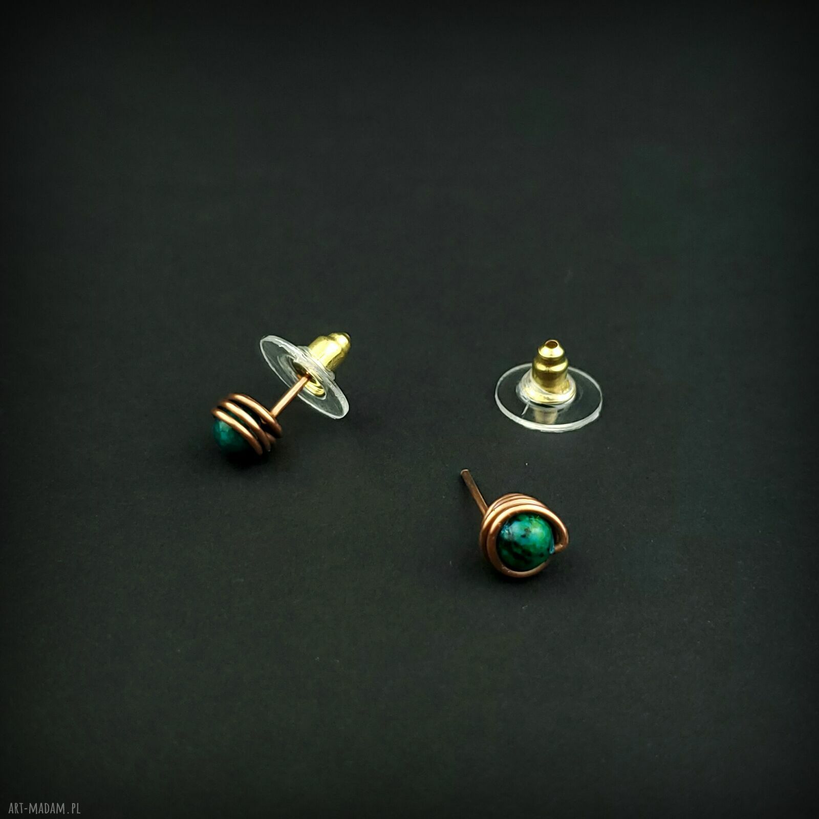 Kolczyki sztyfty z chryzokoli w miedzi - wire wrapping