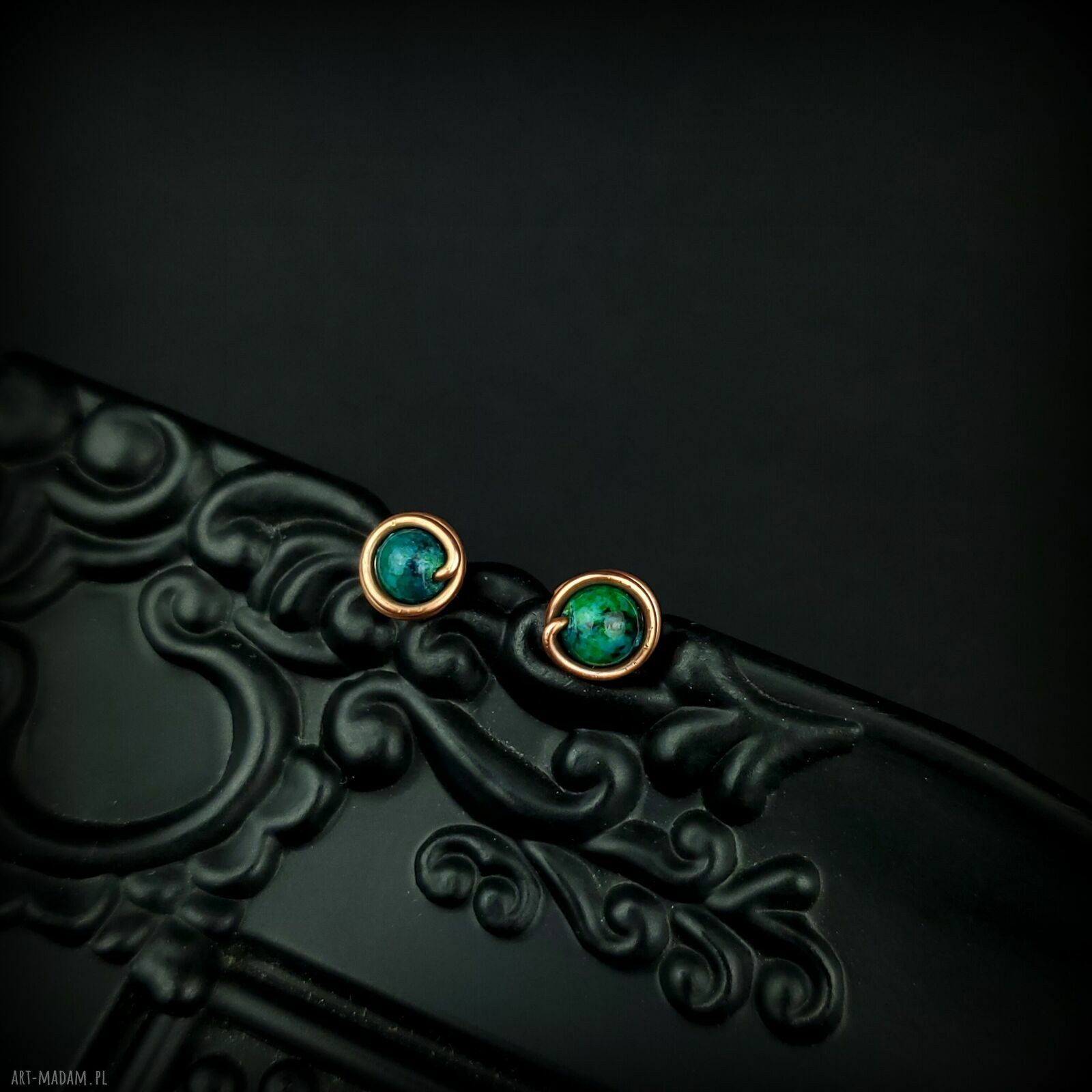 Kolczyki sztyfty z chryzokoli w miedzi - wire wrapping