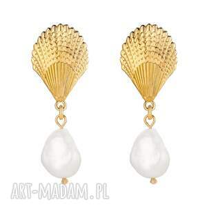 złote kolczyki muszle z perłami naturalnymi - naturalne, sztyfty