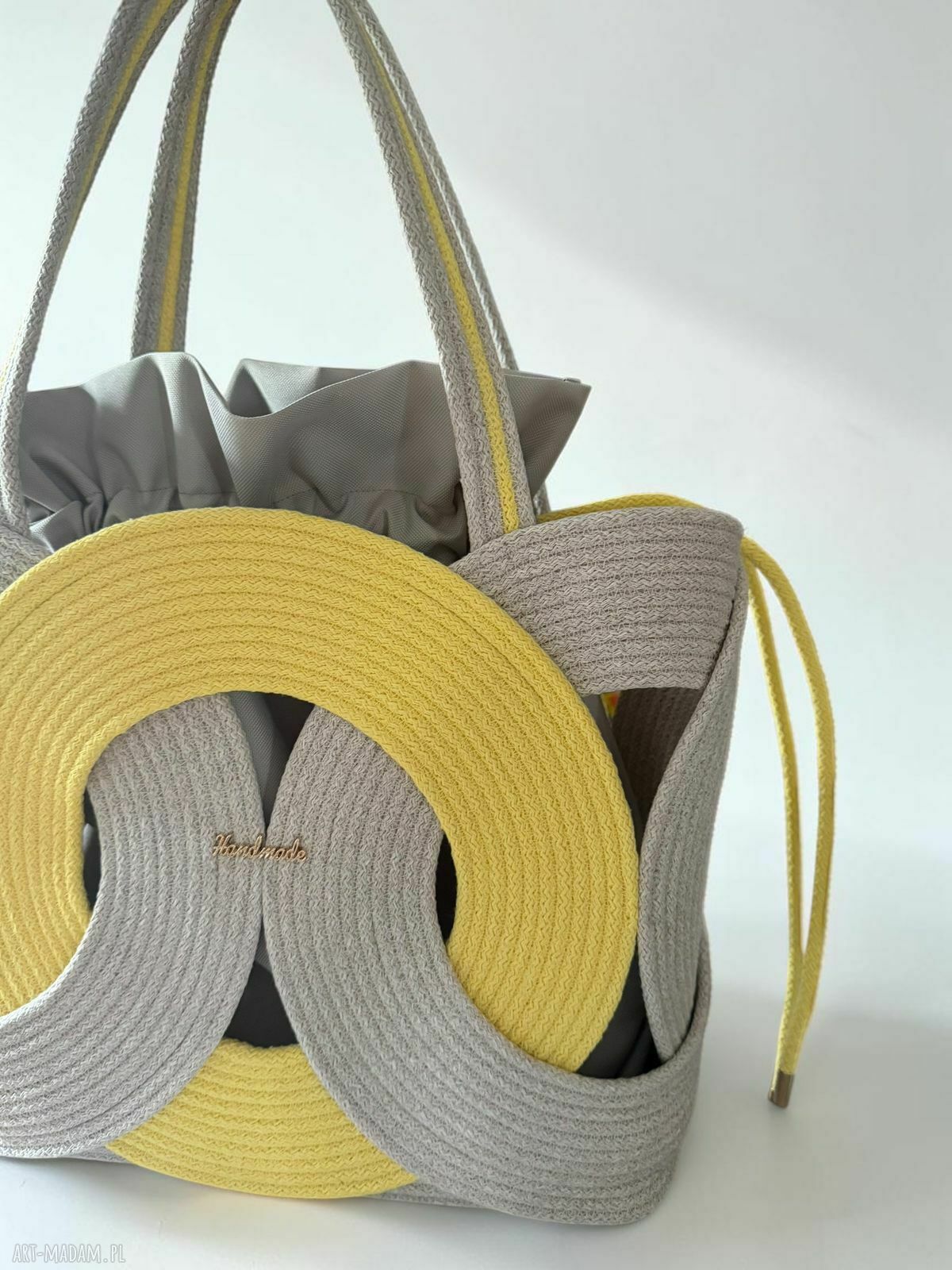 Torebka ze sznurka na ramię Boho - beż i żółty geometryczny wzór