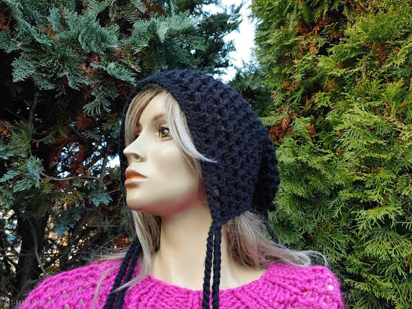 Szydełkowa czapka slouchy bonnet Linen Time - czapka krasnalka z angorą i akrylem