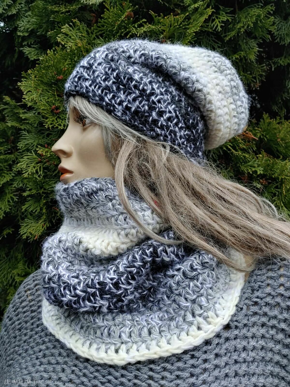 Czapka i komin Ombre - ręcznie wykonany, ciepły komplet zimowy