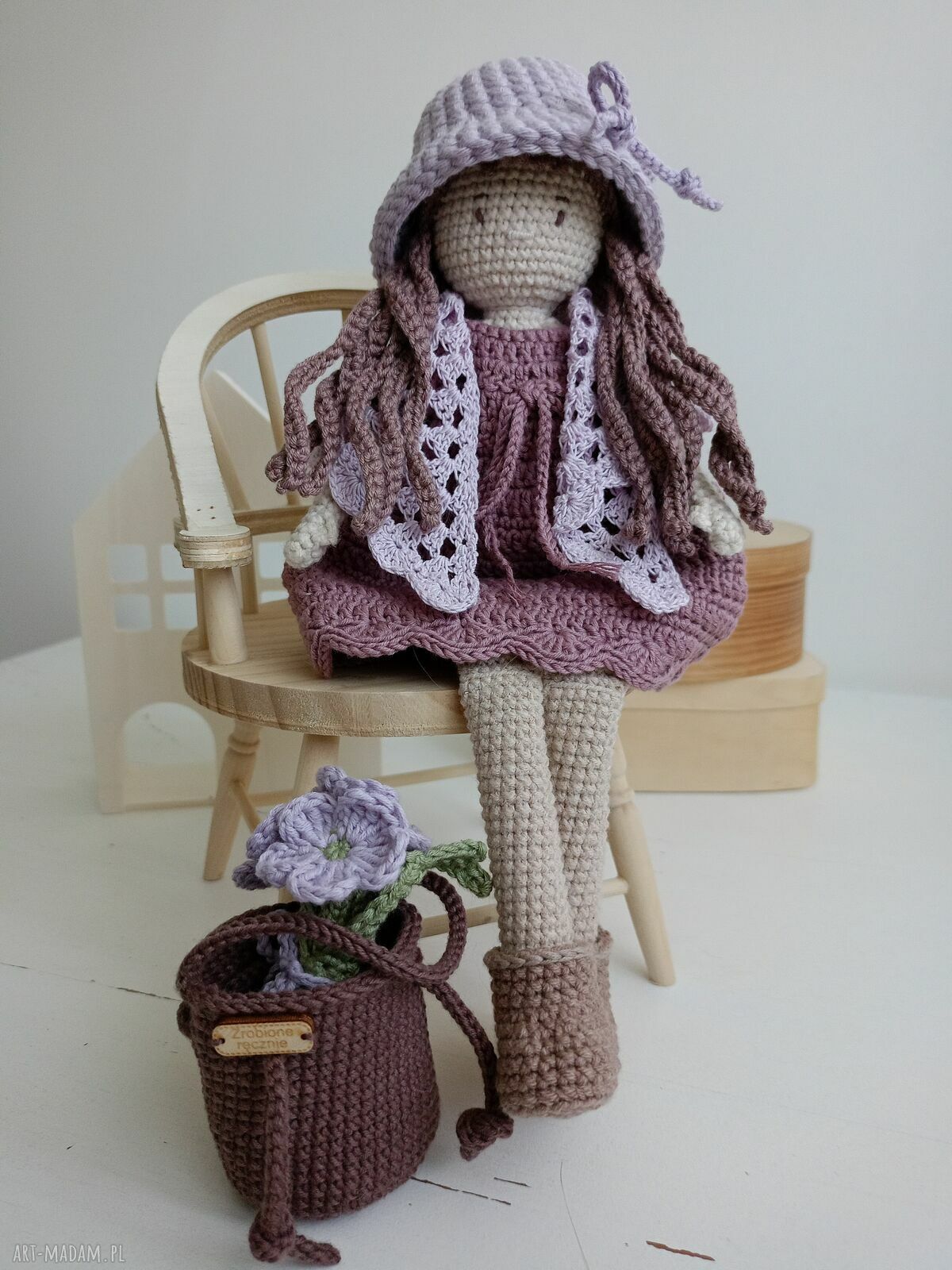 Fioletowa szydełkowa lalka handmade dla dziewczynki - ok. 30 cm