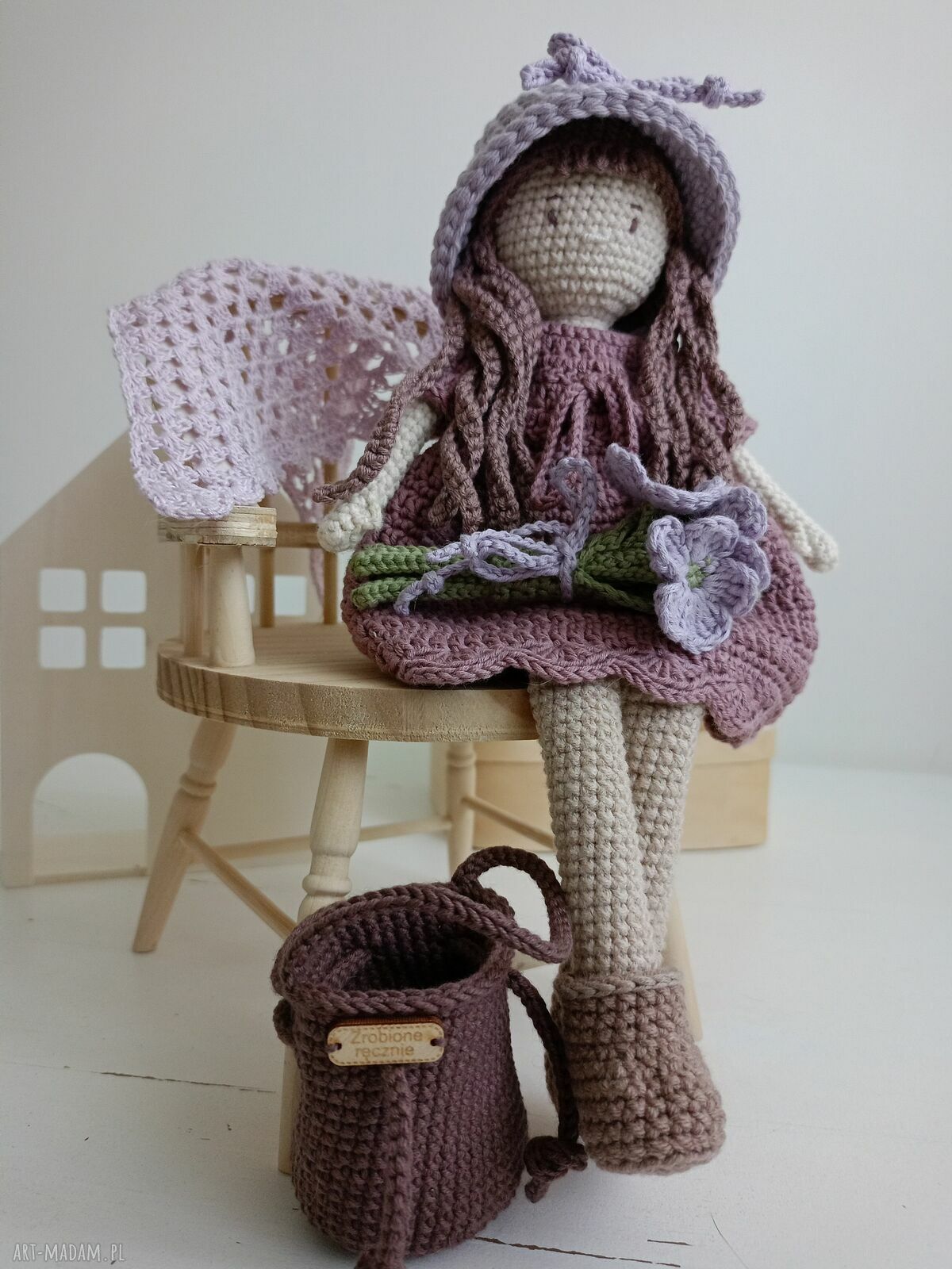 Fioletowa szydełkowa lalka handmade dla dziewczynki - ok. 30 cm