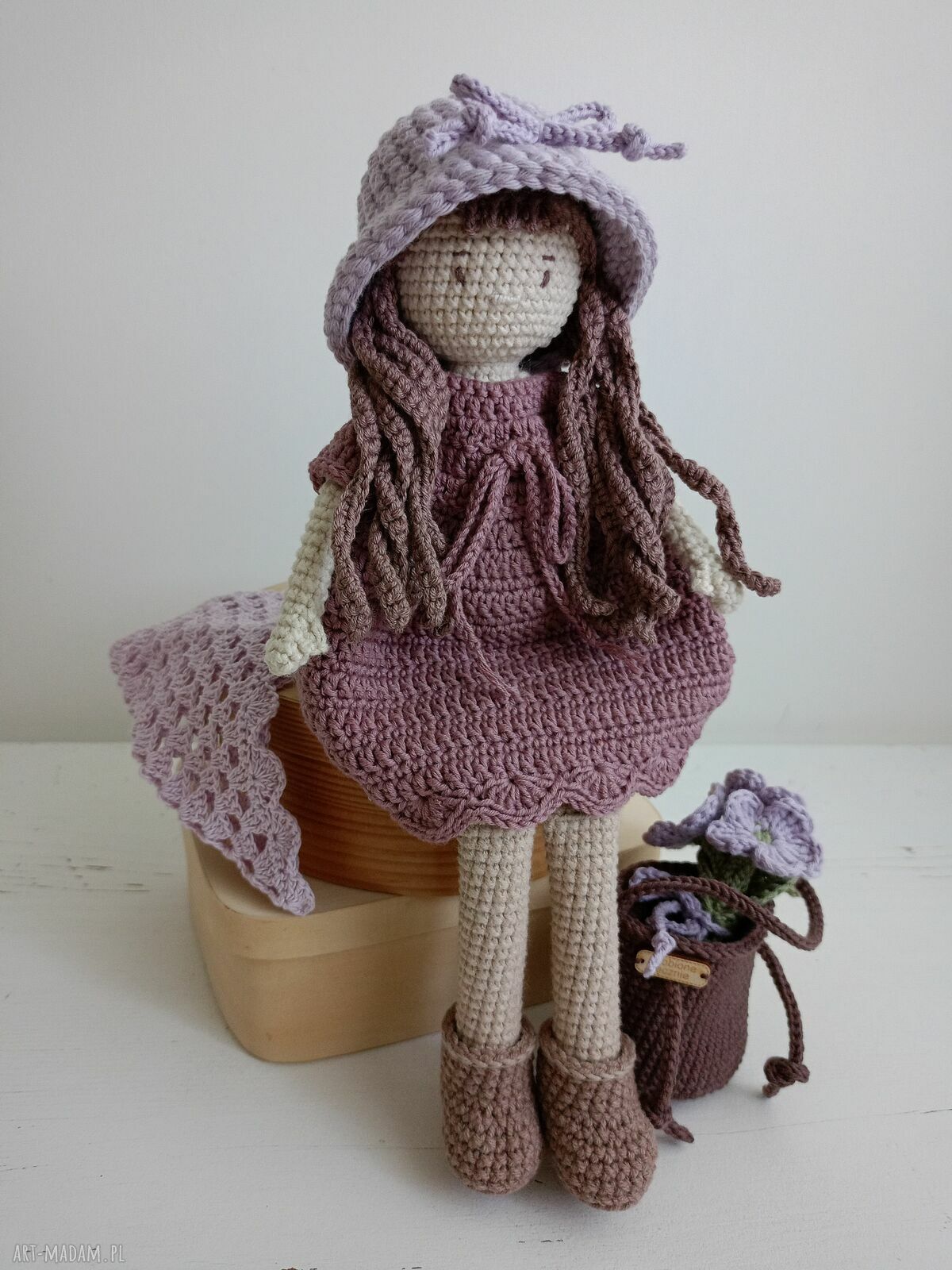 Fioletowa szydełkowa lalka handmade dla dziewczynki - ok. 30 cm