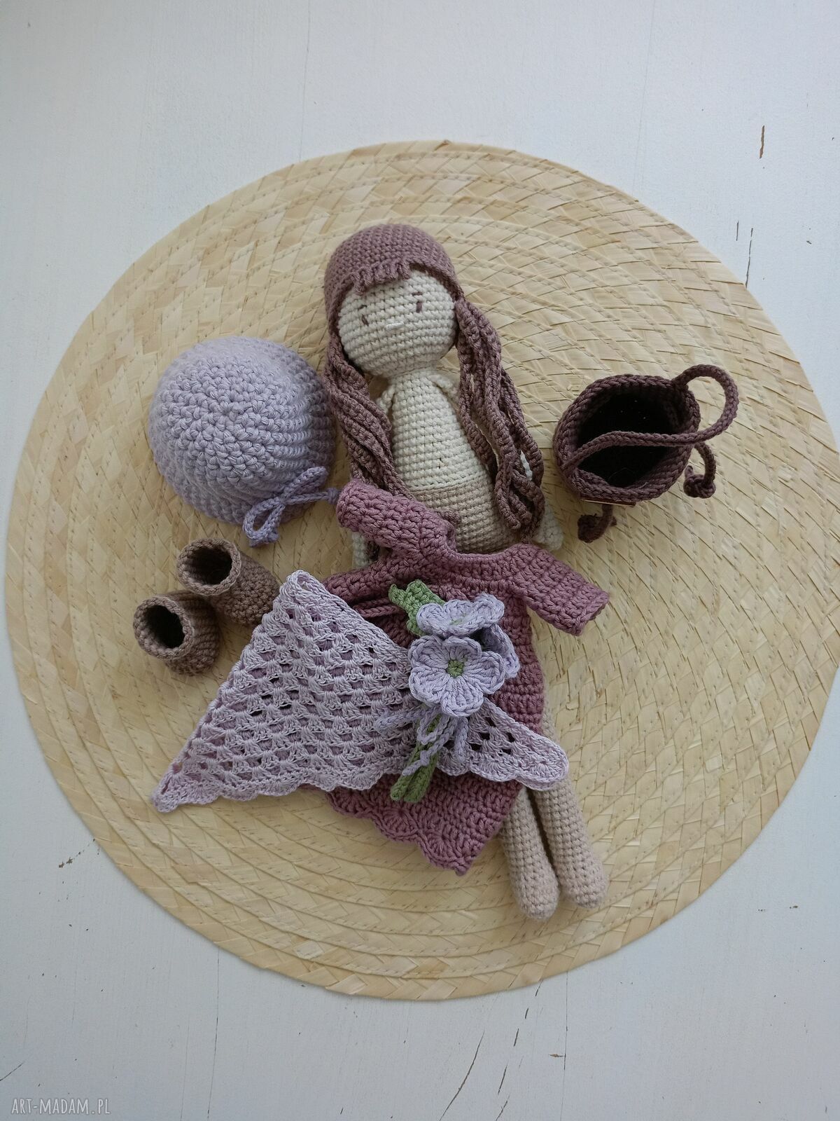 Fioletowa szydełkowa lalka handmade dla dziewczynki - ok. 30 cm