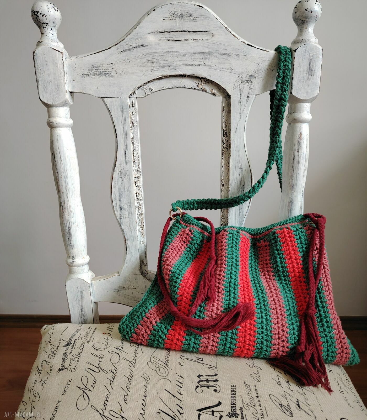 Szydełkowa torba na ramię w kolorowe paski z podszewką - 35x23