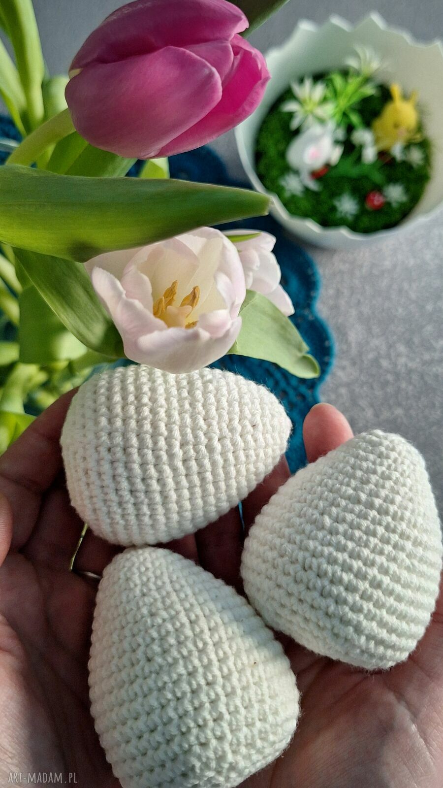 Szydełkowe białe pisanki - zestaw 3 handmade ok. 7-8 cm