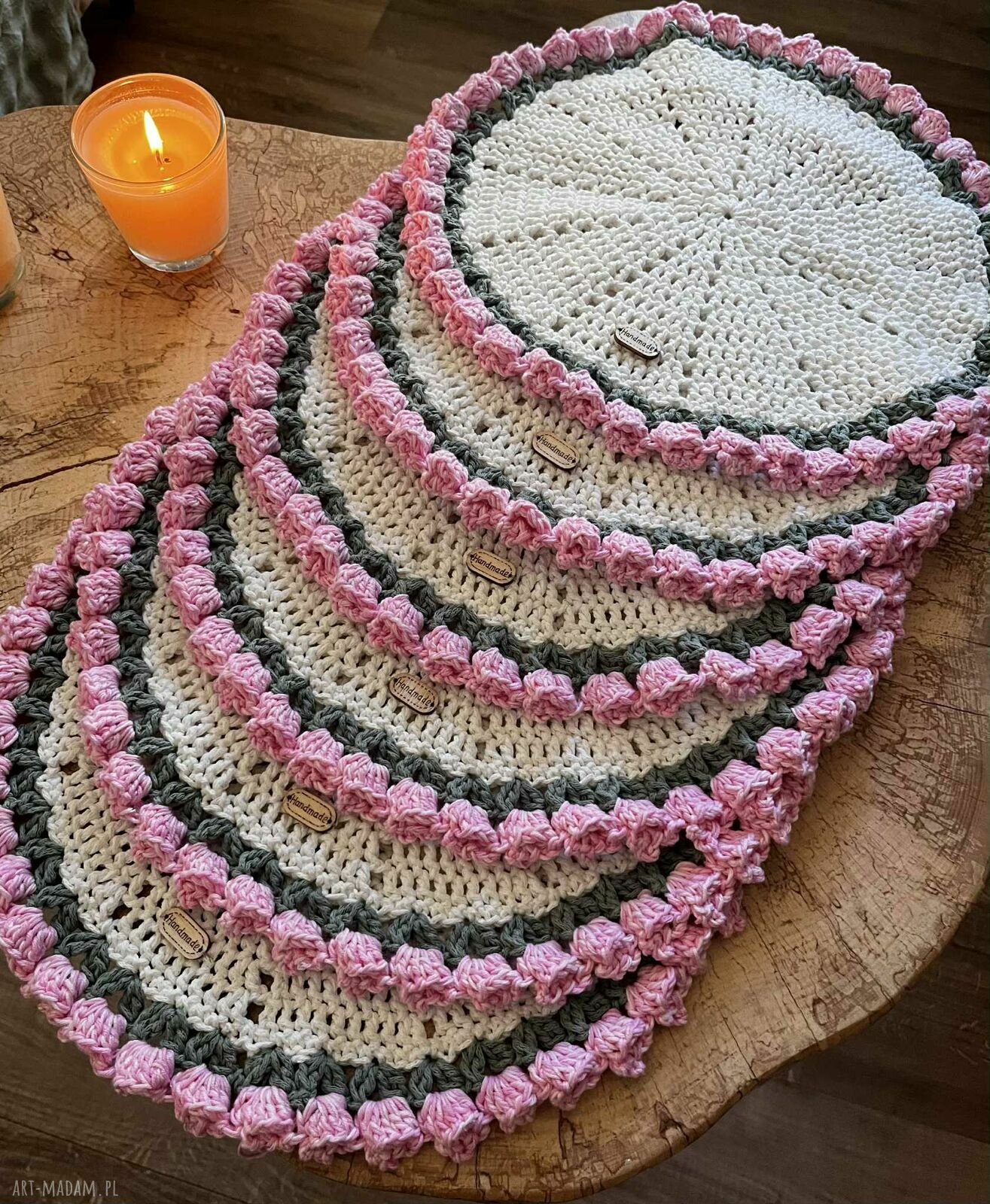 Szydełkowe podkładki z bawełnianego sznurka - zestaw 6 sztuk (35 cm)