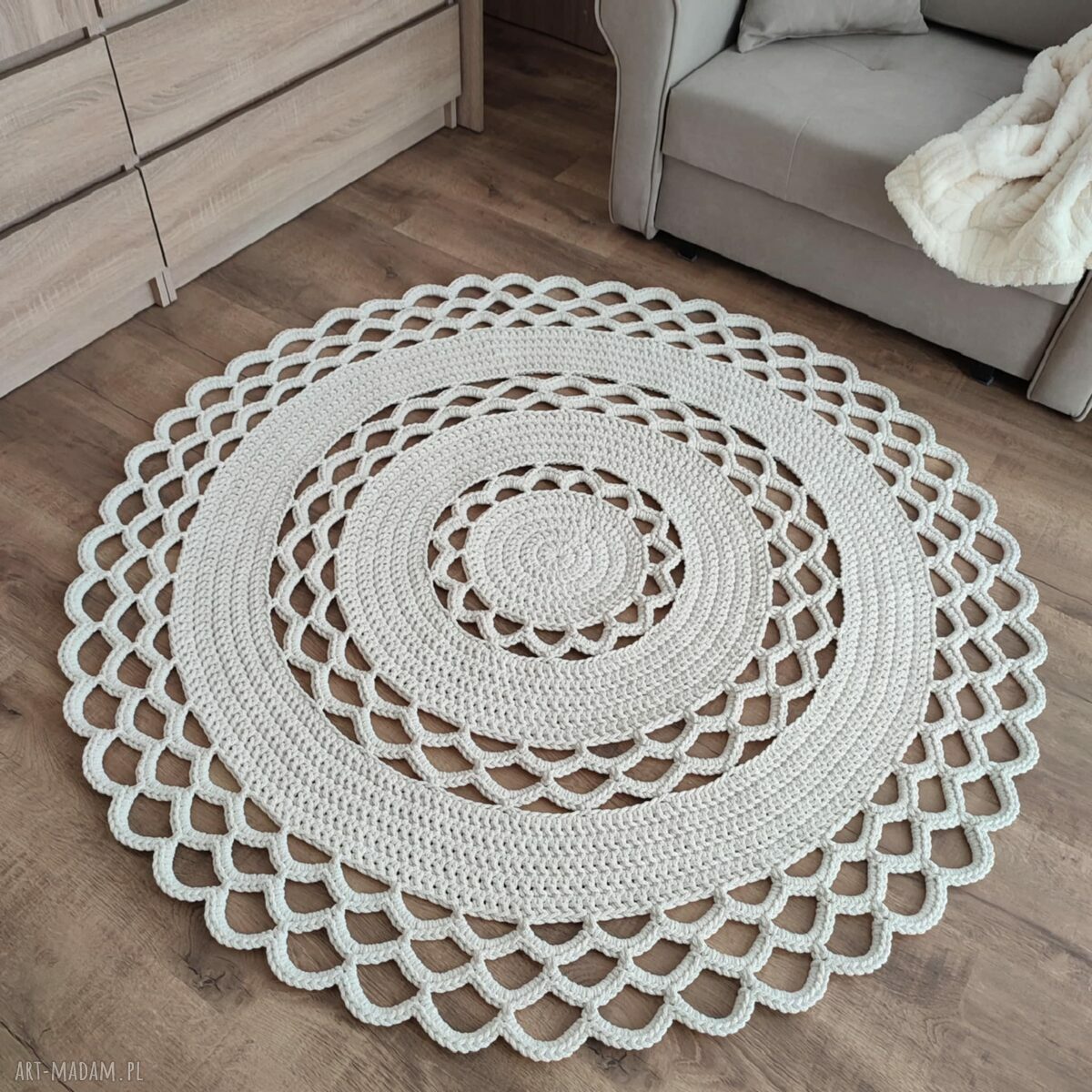 Dywan szydełkowy okrągły ze sznurka 150 cm - ecru