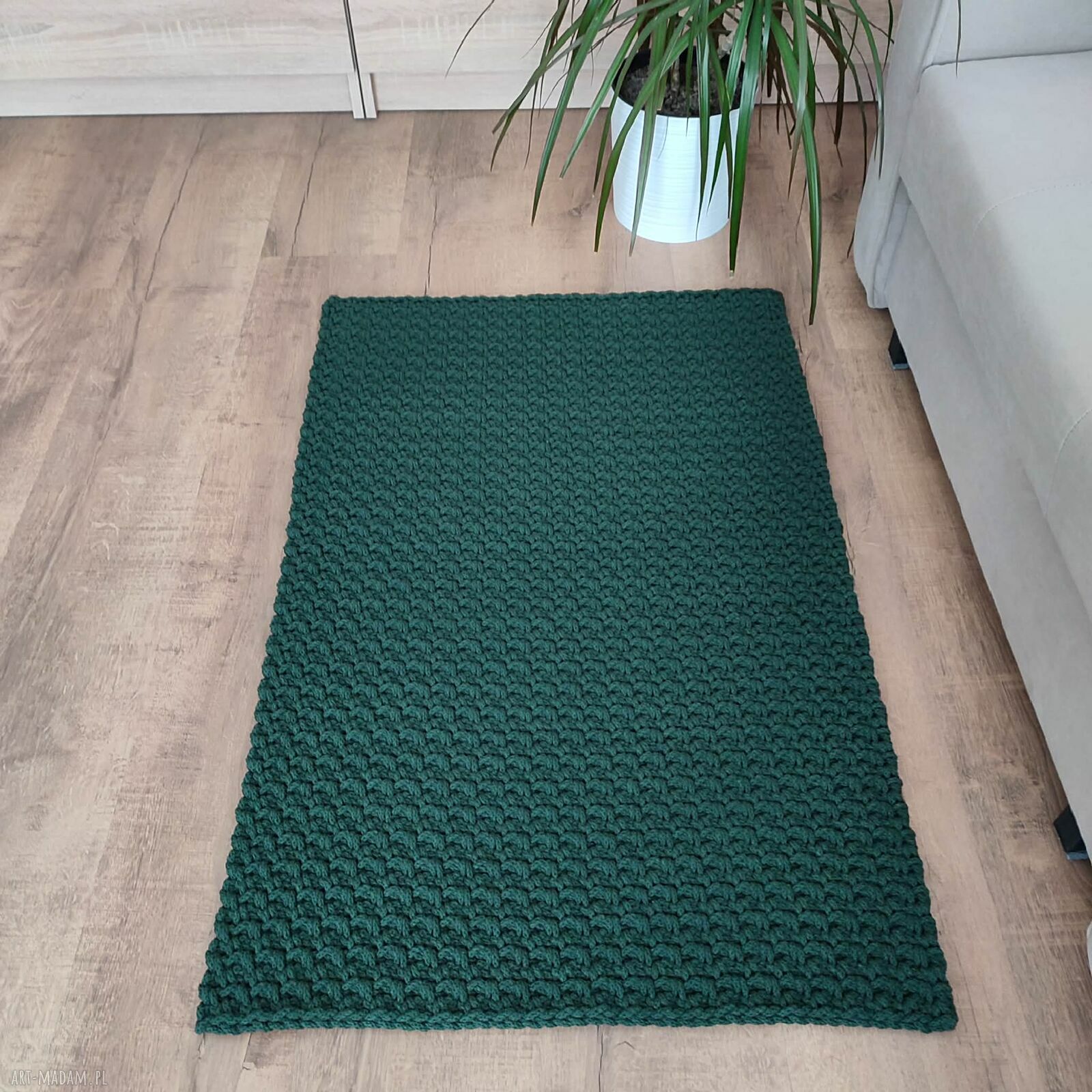 Dywan szydełkowy prostokątny ze sznurka 70x100 cm - butelkowa zieleń