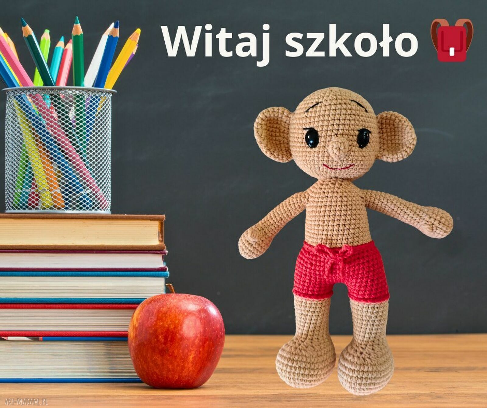 Szydełkowy plastuś maskotka handmade szkoła przytulanka