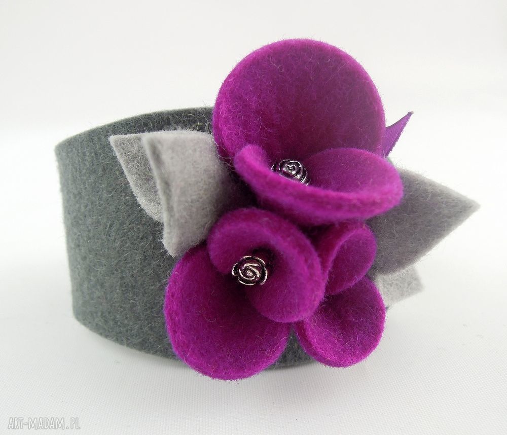 Bransoletka z filcu Bratki w Kolorze Fuksji w Szarościach Hand Made