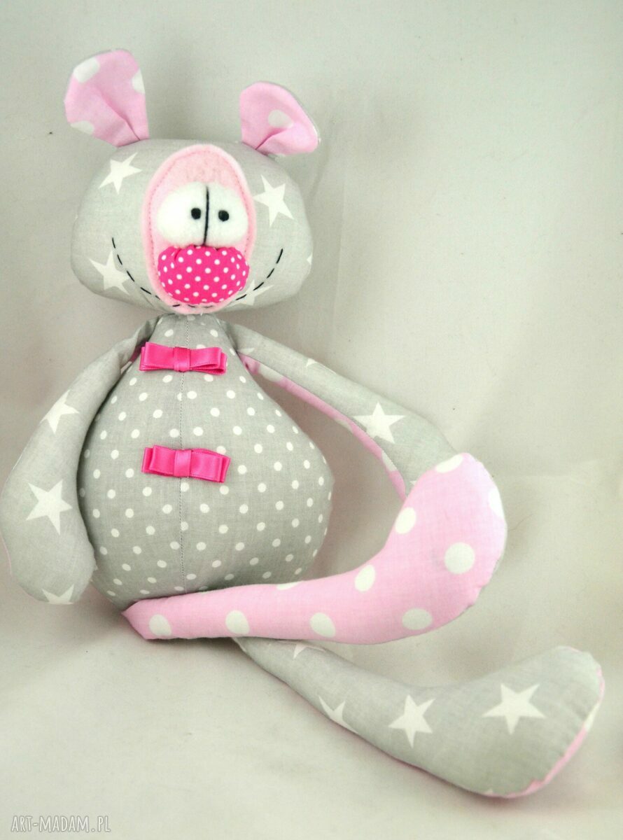 Szyta przytulanka - miś Franek różowo-szary, personalizowany