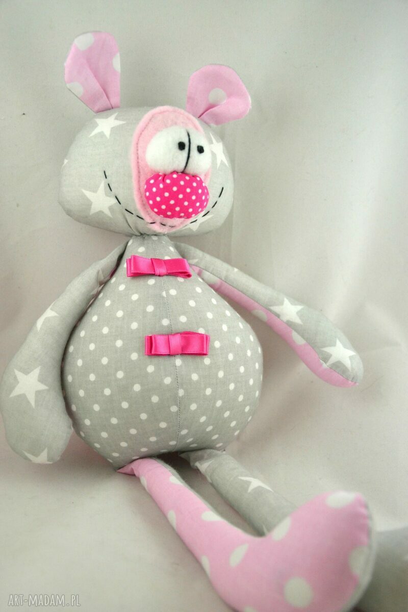 Szyta przytulanka - miś Franek różowo-szary, personalizowany