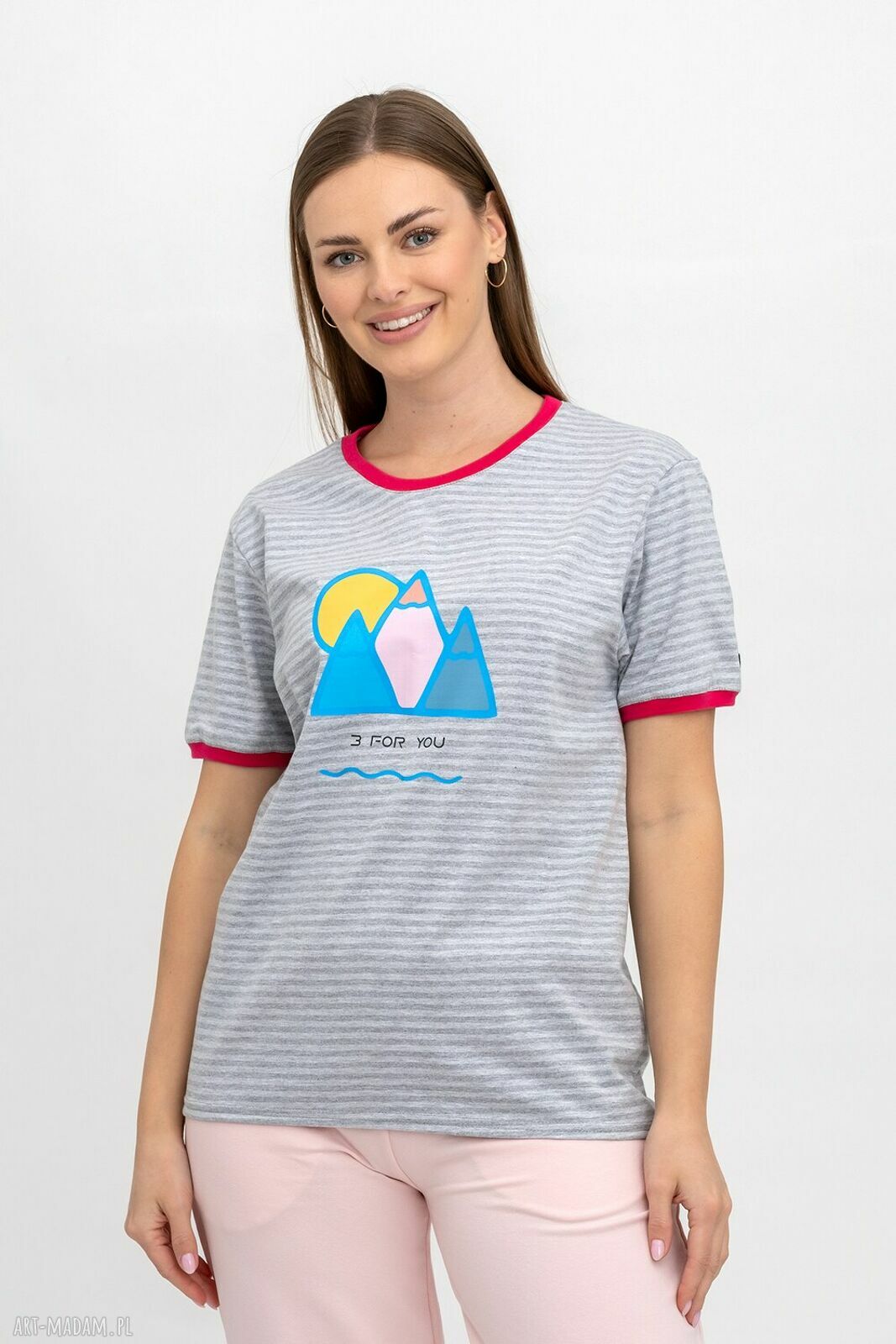 T-shirt damski w szare paski z autorskim nadrukiem