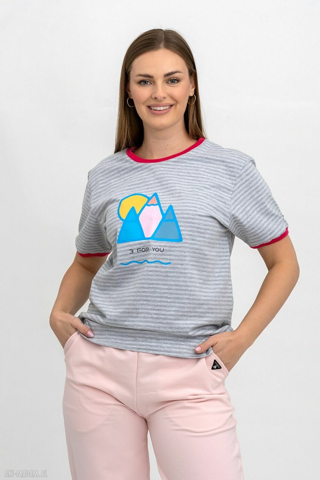 T-shirt damski w szare paski z autorskim nadrukiem