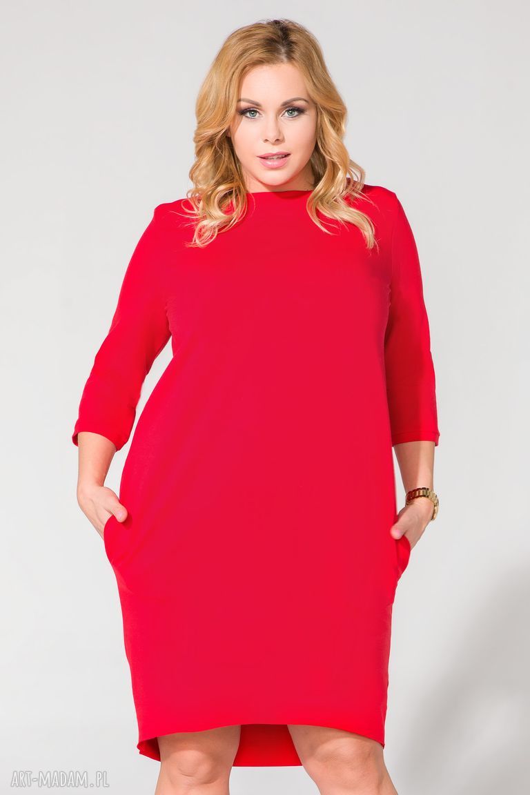 Sukienka T105 czerwona PLUS SIZE - dzianinowa tuba z kieszeniami