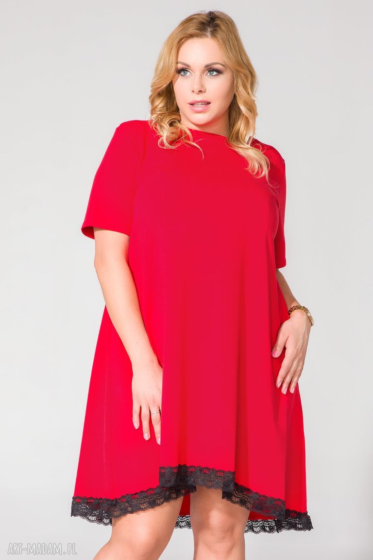 Sukienka Tessita T107 Czerwona PLUS SIZE - trapezowa z koronką i kieszeniami