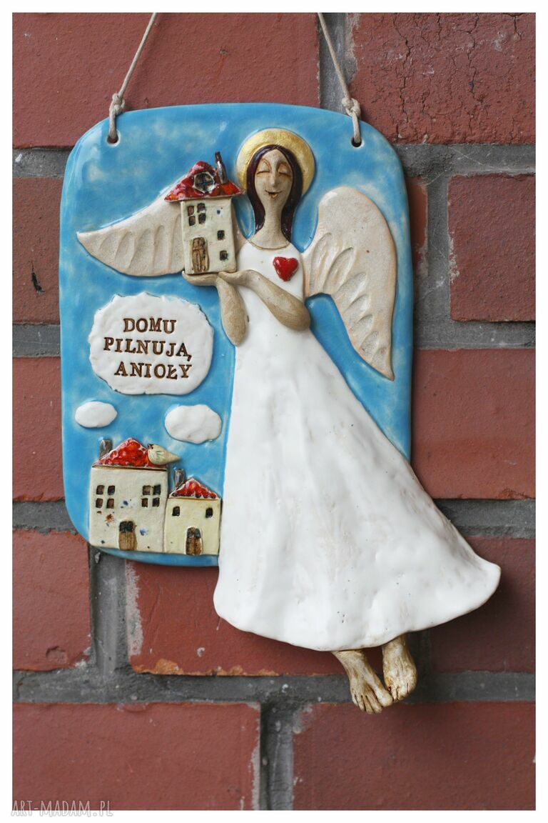 Tabliczka z sentencją „Domu pilnują Anioły” - ceramika handmade