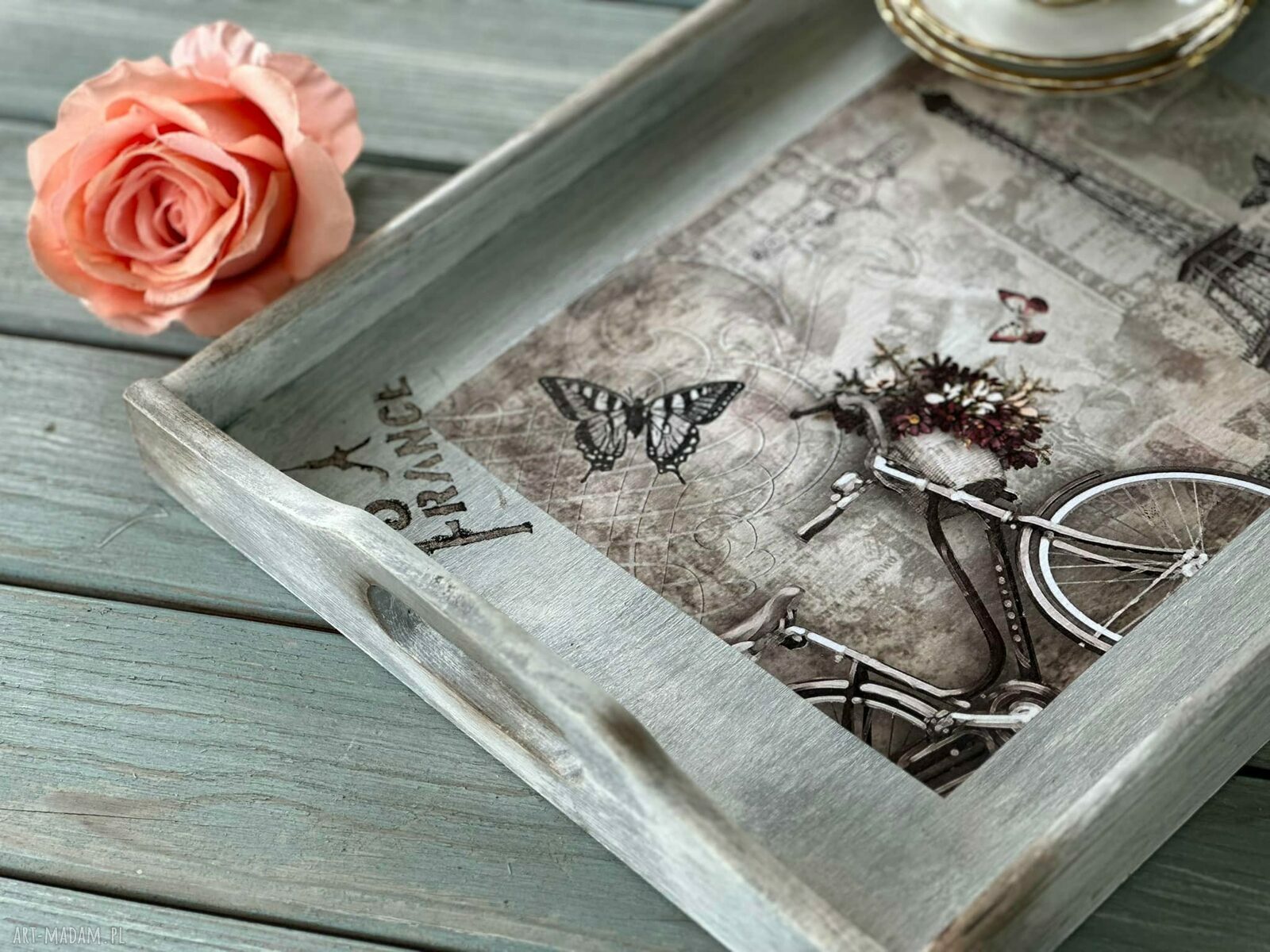 Ręcznie robiona taca dekoracyjna Paryż vintage - shabby chic 40x30