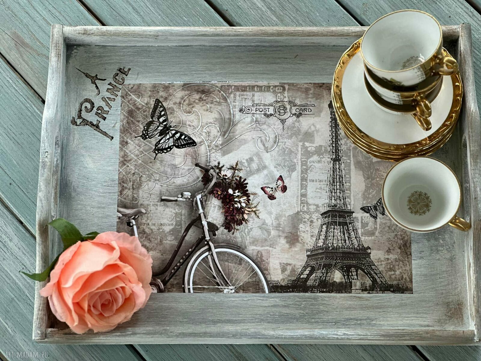 Ręcznie robiona taca dekoracyjna Paryż vintage - shabby chic 40x30