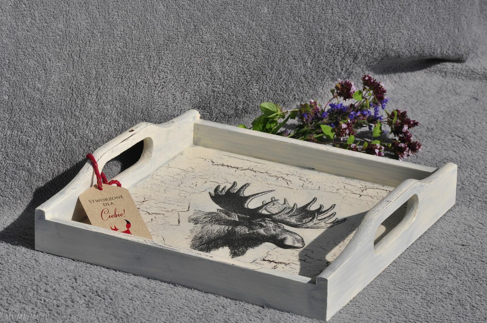 Ręcznie zdobiona taca drewniana w stylu vintage - decoupage łoś