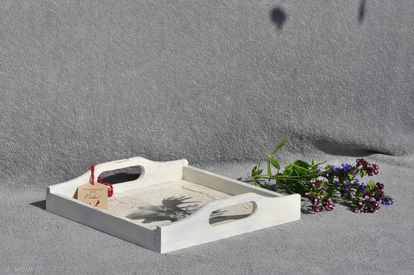 Ręcznie zdobiona taca drewniana w stylu vintage - decoupage łoś
