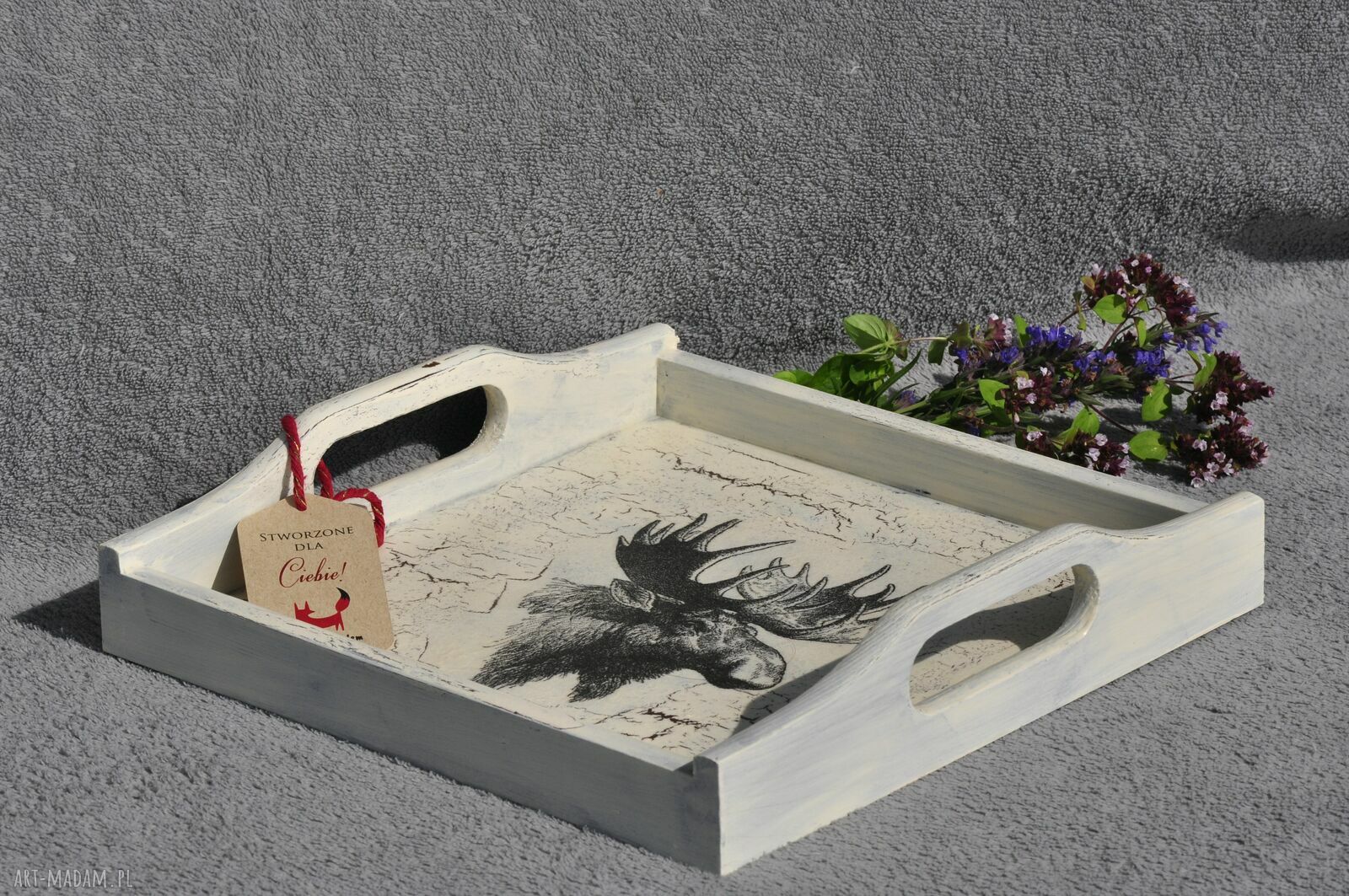 Ręcznie zdobiona taca drewniana w stylu vintage - decoupage łoś