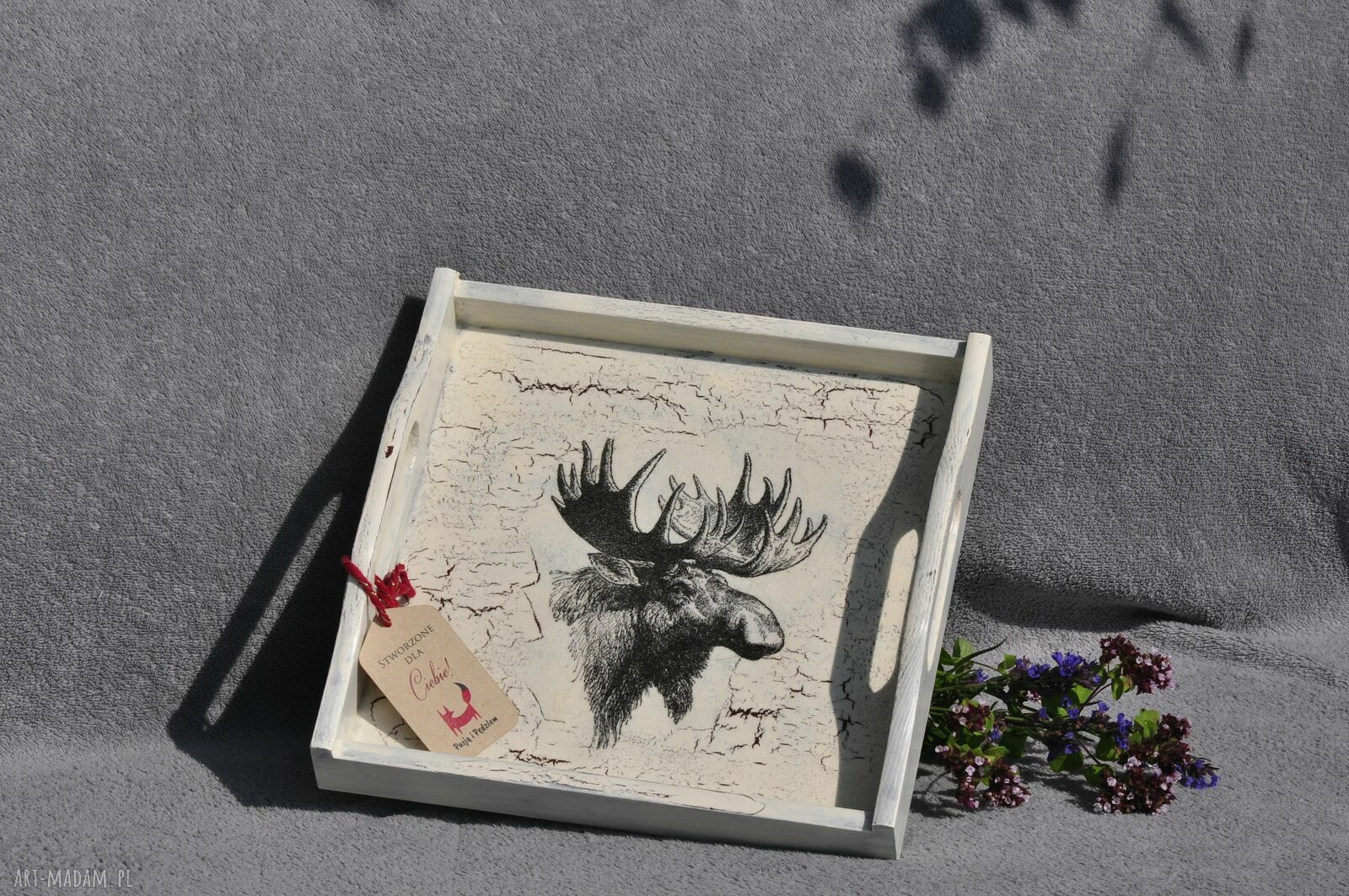 Ręcznie zdobiona taca drewniana w stylu vintage - decoupage łoś