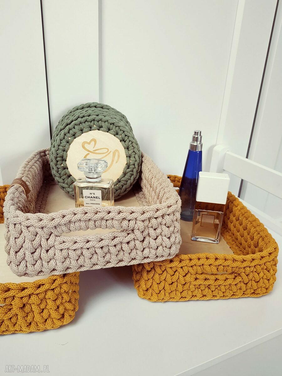 Koszyk taca na kosmetyki - prostokątny handmade ze sznurka bawełnianego