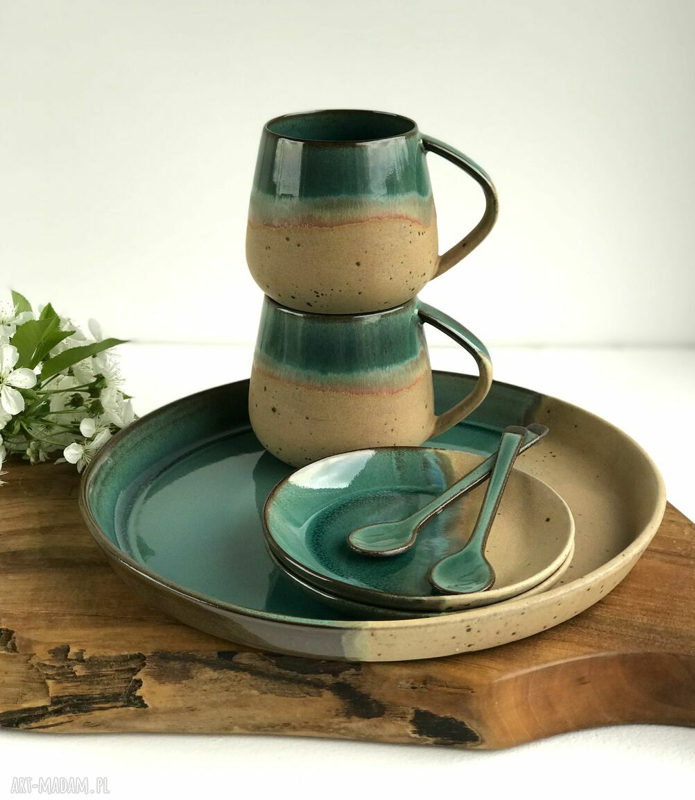 Ceramiczny zestaw do kawy: taca + 2 duże filiżanki ze spodkami