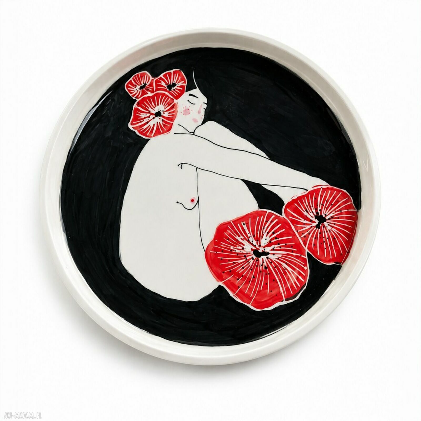 Talerz ceramiczny „Kobieta i czerwone kwiaty” - ręcznie malowany