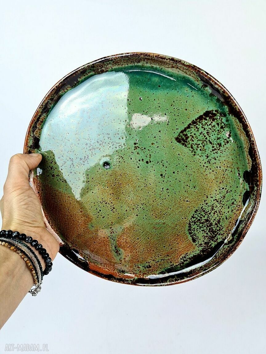 Ręcznie robiony talerz ceramiczny poLEPIONE 20 cm - błyszczące szkliwo w zieleni, turkusie i brązie