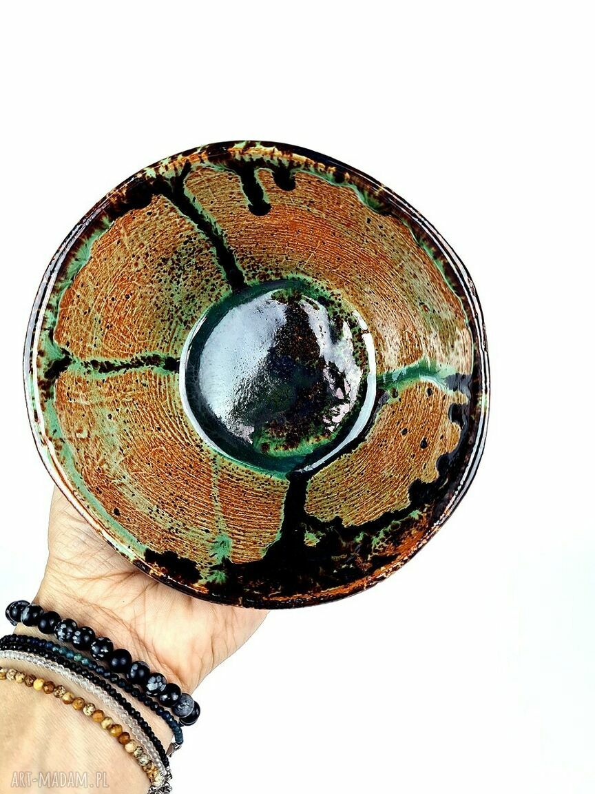 Ręcznie robiona miseczka ceramiczna poLEPIONE w zieleni, brązie i turkusie