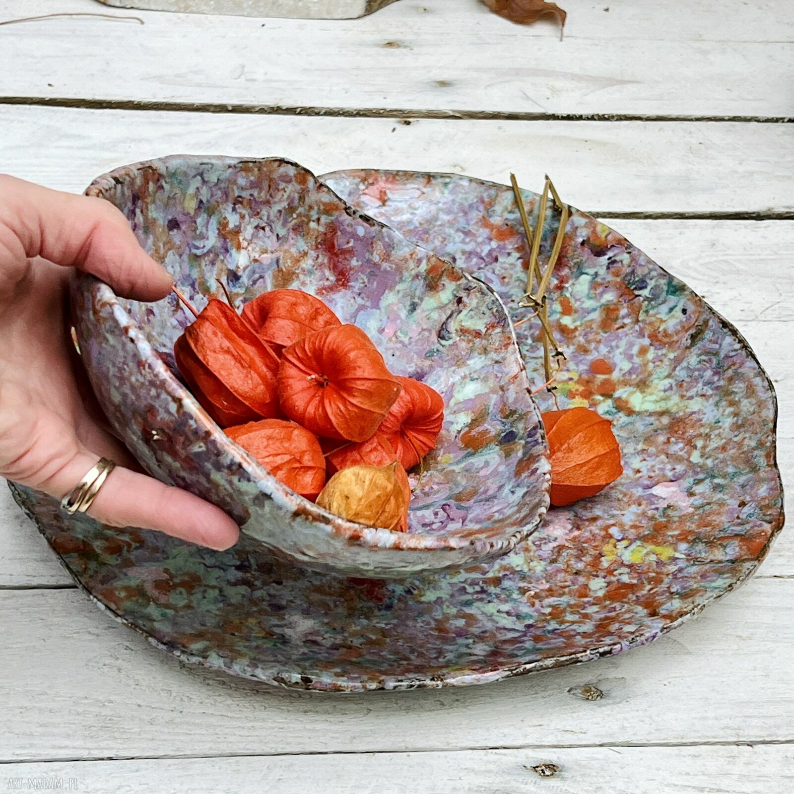 Zestaw talerz i miska łąka kwietna - kolorowa ceramika handmade do serwowania