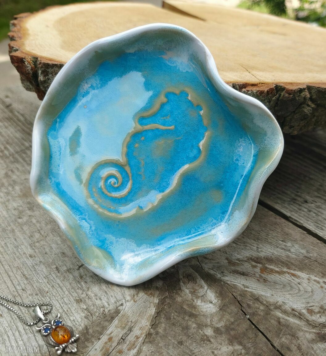 Talerzyk ceramiczny konik morski na kadzidła - turkus i biel