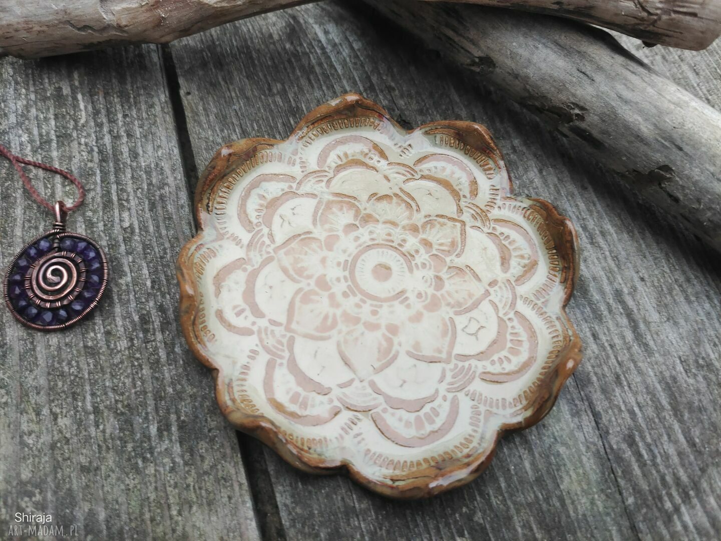 Talerzyk ceramiczny Mandala (c803) - ręcznie wypalany na tealight i biżuterię
