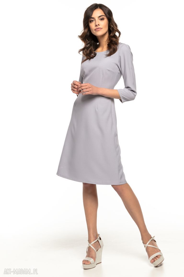 Taliowana sukienka z tkaniny z rękawem 3/4, T265, szara