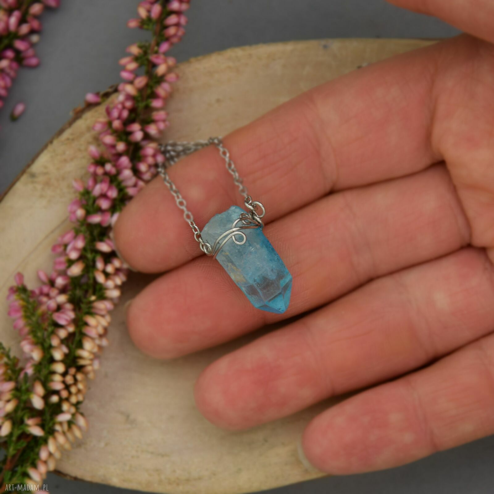 Naszyjnik Talizman z Niebieskim Kryształem Górskim - Wire Wrapping