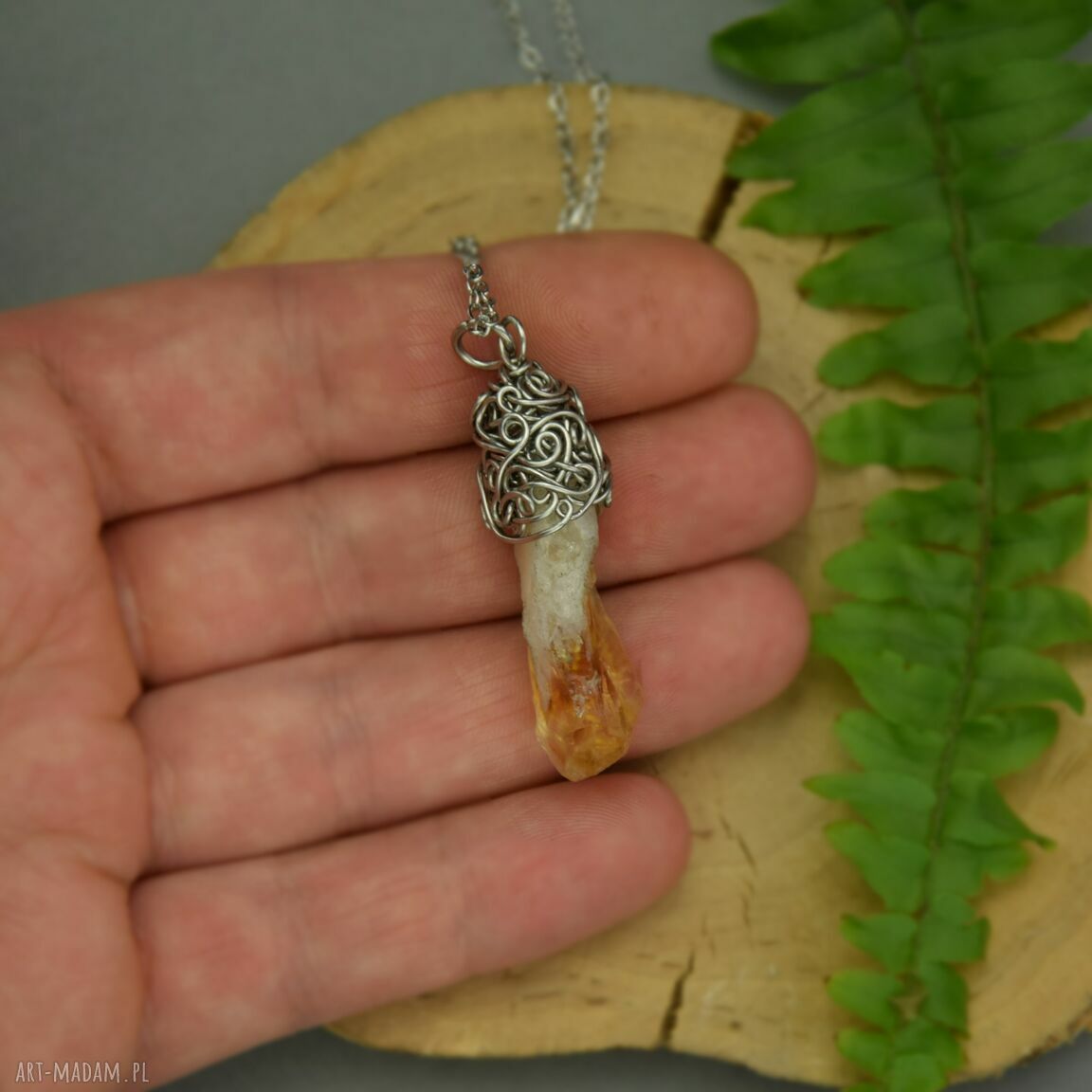 Wisiorek talizman z surowym cytrynem - wire wrapping ze stali chirurgicznej