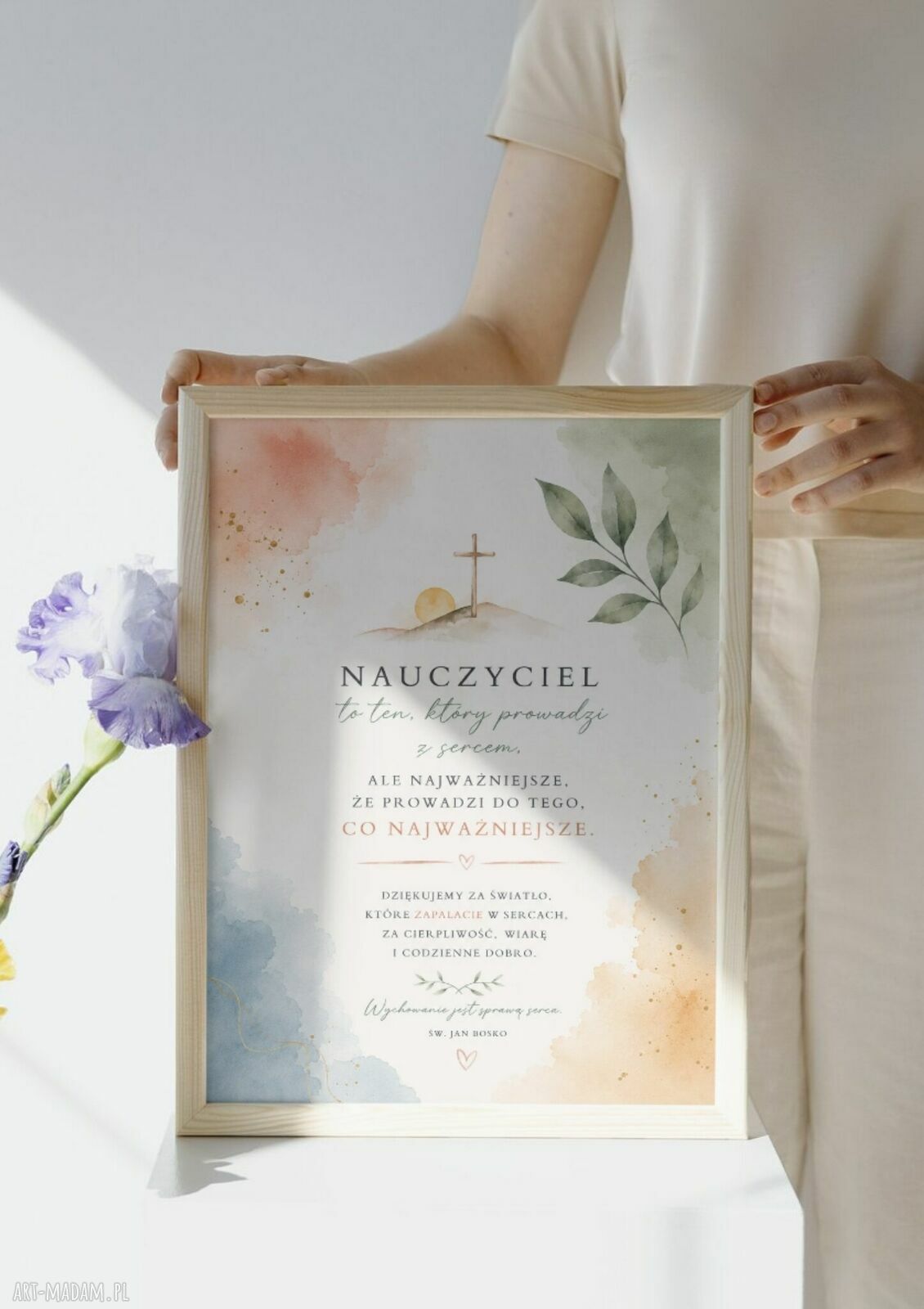 Plakat A3 z podziękowaniem dla nauczyciela - akwarela i cytat św. Jana Bosko